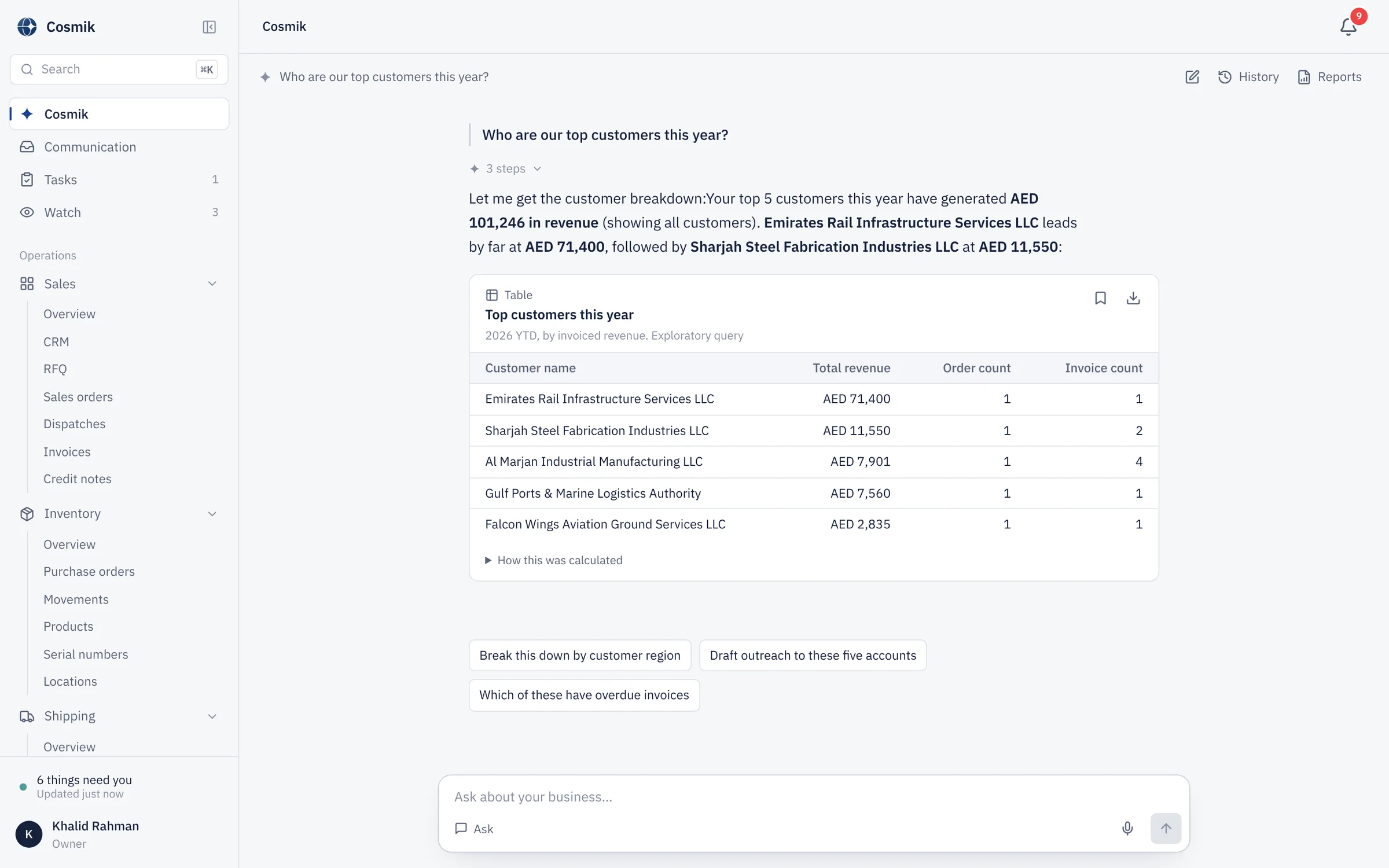 Cosmik answering “Who are our top customers this year?” with a sentence, a table of customers by invoiced revenue marked as an exploratory query, and a link to how it was calculated.