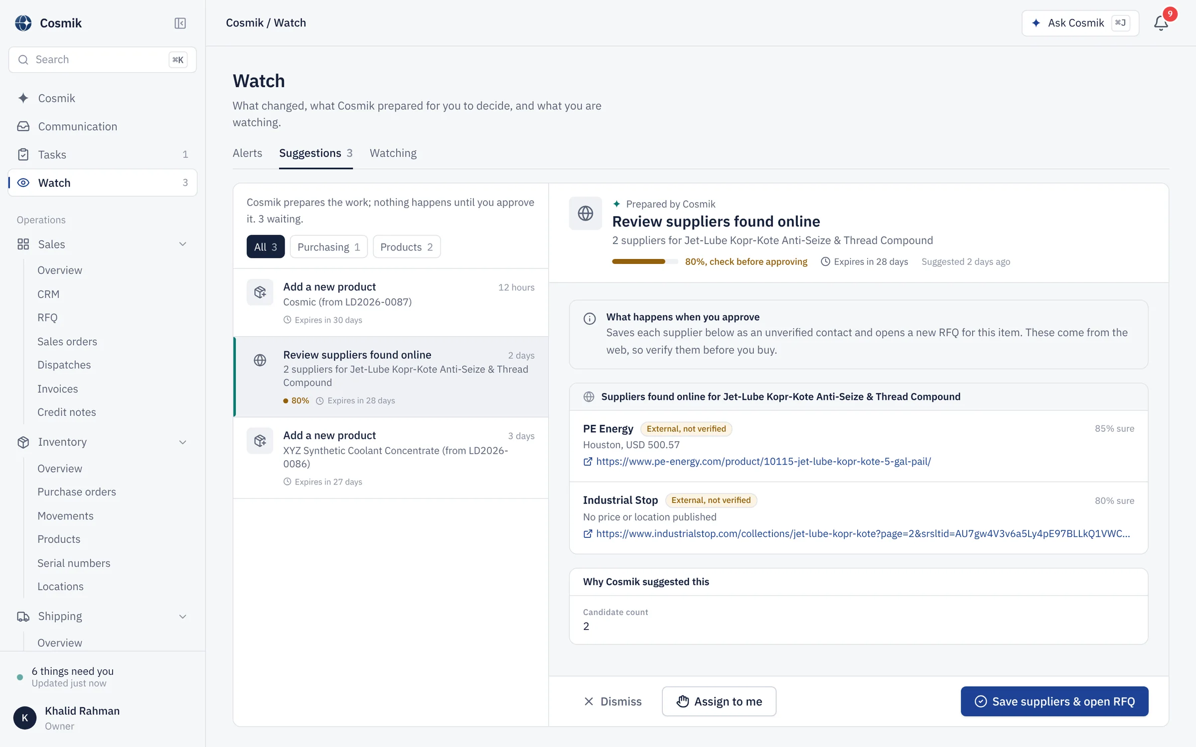 Watch, Suggestions tab: Cosmik found two suppliers online for an item with no purchase history, marks each as external and not verified, and waits for a person to save them and open an RFQ.